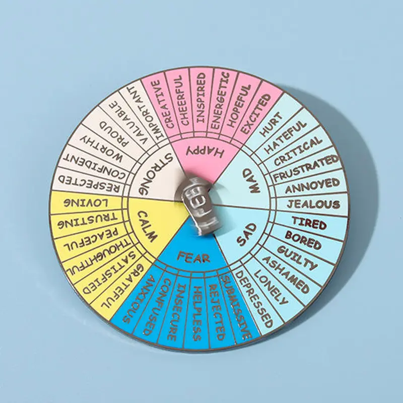 Custom Spinning Enamel Pin round enamel spinner pin with multiple labeled decision segments on blue background