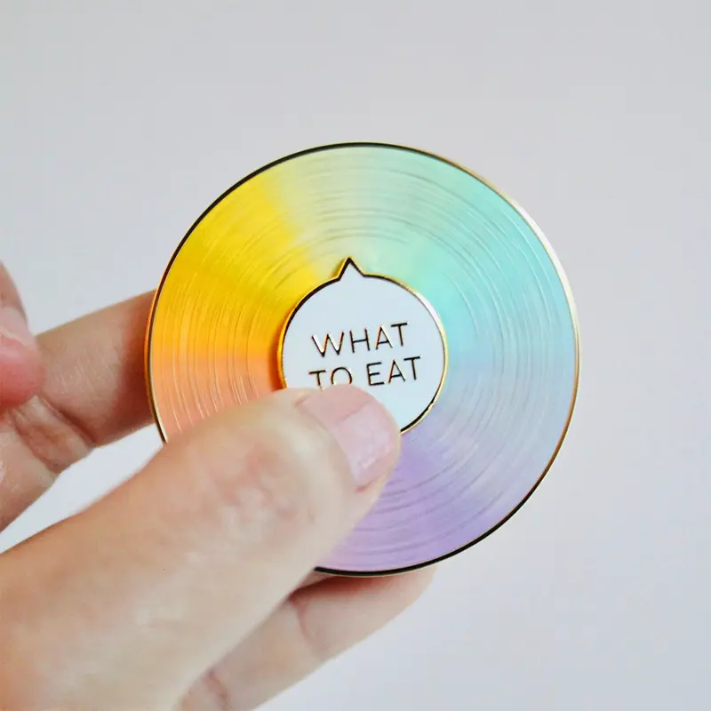 Custom Spinning Enamel Pin round gradient enamel spinner pin with what to eat text in center