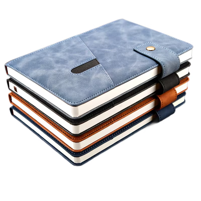 custom A5 PU leather notebook with strap closure and logo printing for corporate use