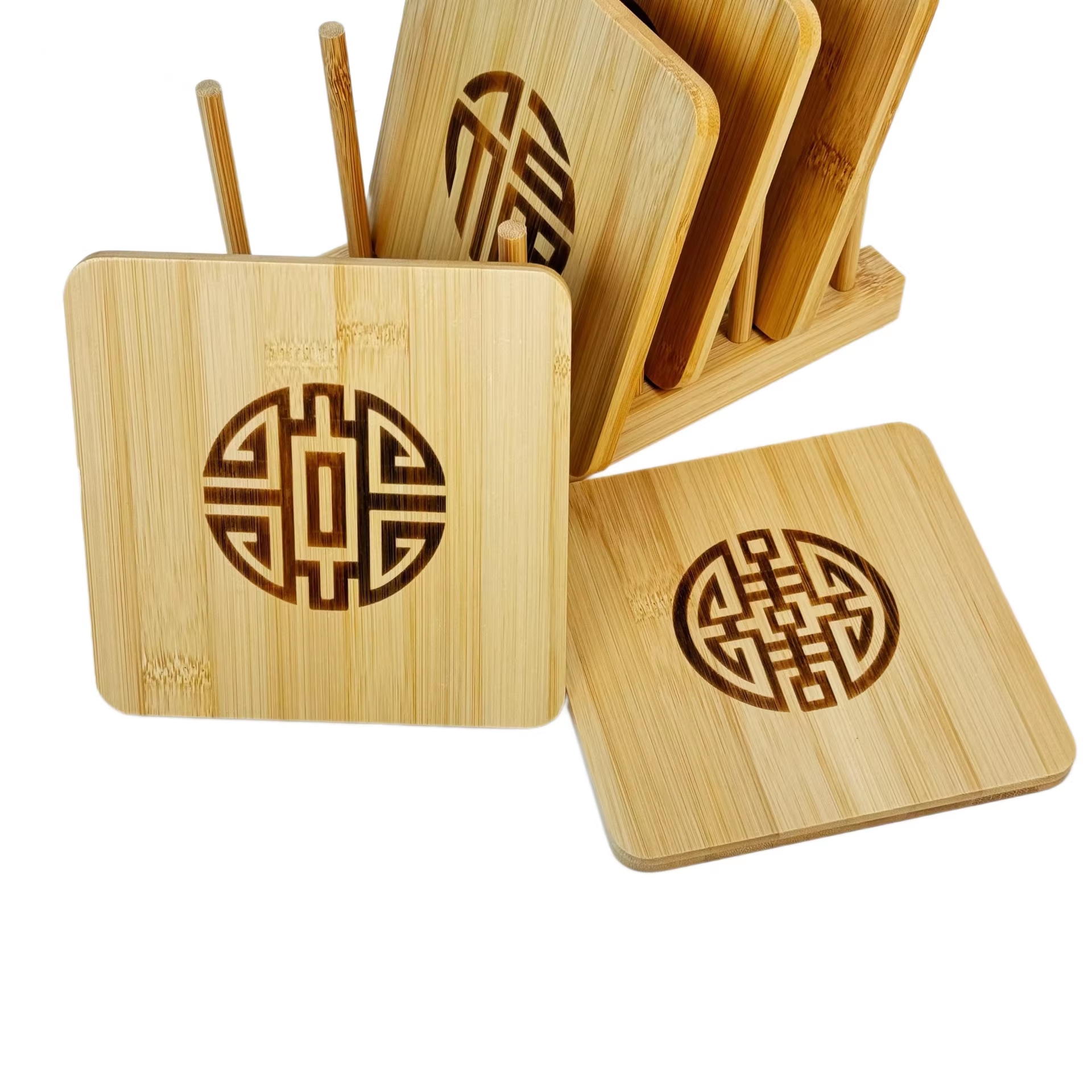 Bamboo Heat Resistant Coaster Mat Set bamboo coaster set with holder and engraved design for home and office use