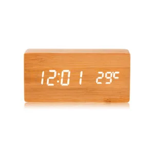 custom bamboo led digital clock displaying time and temperature with minimalist design
