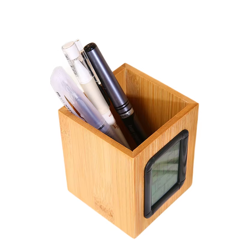 Bamboo Pen Holder Clock custom bamboo pen holder with digital clock displaying time and temperature on desk