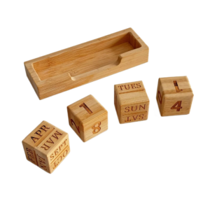 custom bamboo perpetual calendar block set with engraved month and date cubes