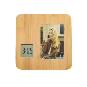 custom bamboo photo frame with digital display showing time beside inserted photo