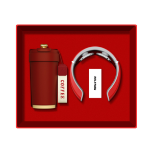 custom coffee gift set with tumbler headphones and accessories in premium red box