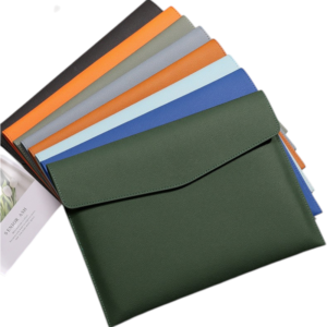 assorted color leather file pouch with flap closure for document organization