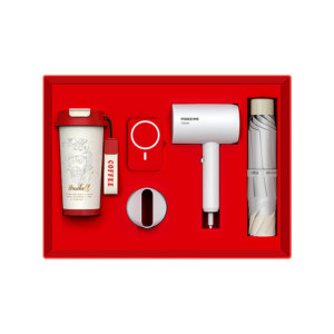 custom corporate gift set with hair dryer tumbler umbrella and accessories in premium box