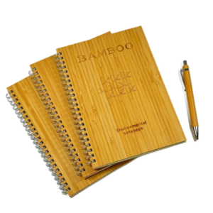custom bamboo notebook with logo print and matching pen for branding and gifts