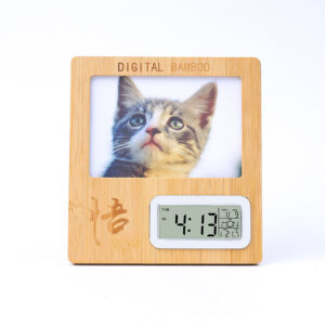 custom bamboo photo frame clock with personalized image and digital time display
