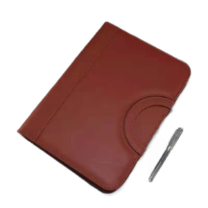 custom leather conference folder with pen and document storage for corporate branding