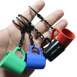 metal mini mug keychain in red blue green and black colors