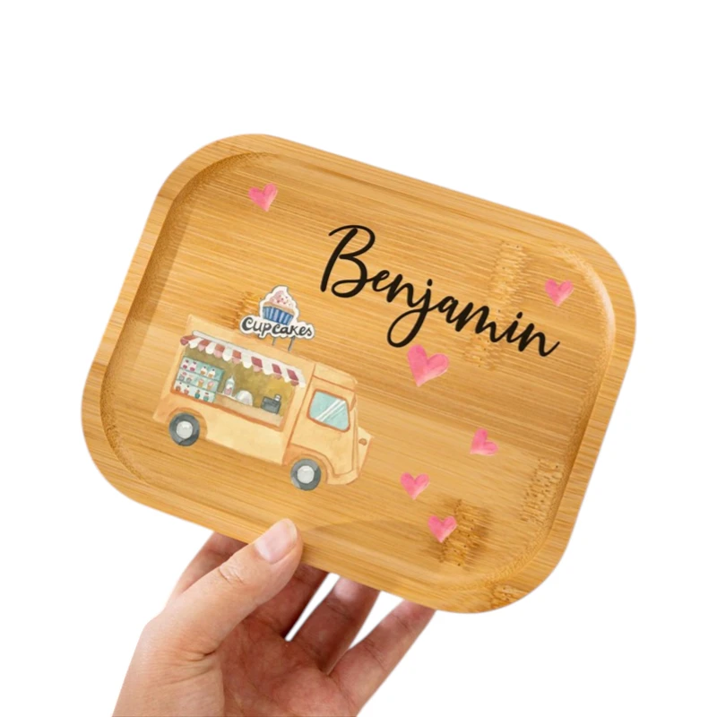 Custom Stainless Steel Lunch Box custom name engraved bamboo lunch box lid with cartoon bus illustration