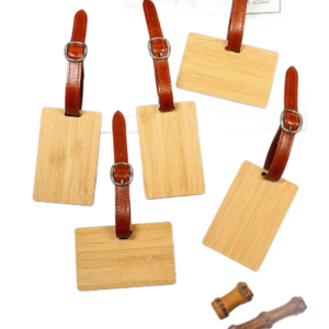 custom wooden luggage tag made of bamboo with leather strap for corporate gifts