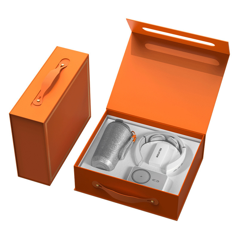 custom orange corporate gift set with tumbler headphones and accessories in premium box