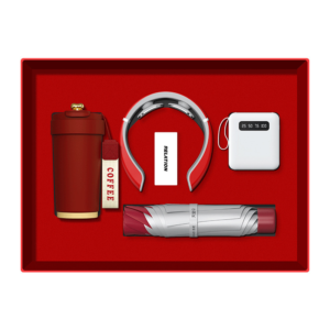 premium business gift box with logo including tumbler headset and corporate items