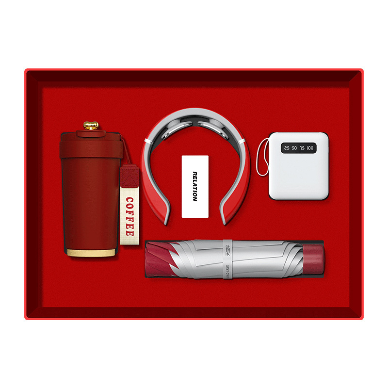 premium business gift box with logo including tumbler headset and corporate items