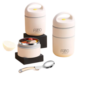 insulated food container set with spoon and stacked jars for meal prep and takeaway