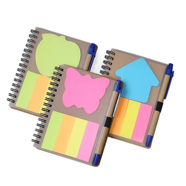 small spiral notebooks with colorful shaped sticky notes including apple butterfly and house designs with pen attached