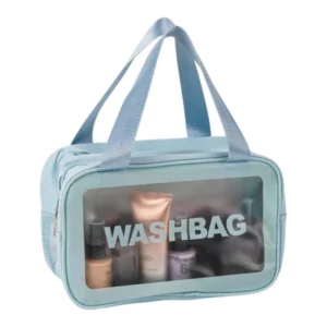 blue transparent washbag travel organizer for skincare and makeup storage