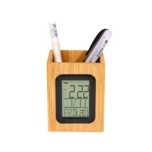 custom bamboo pen stand with built in digital display for time date and temperature
