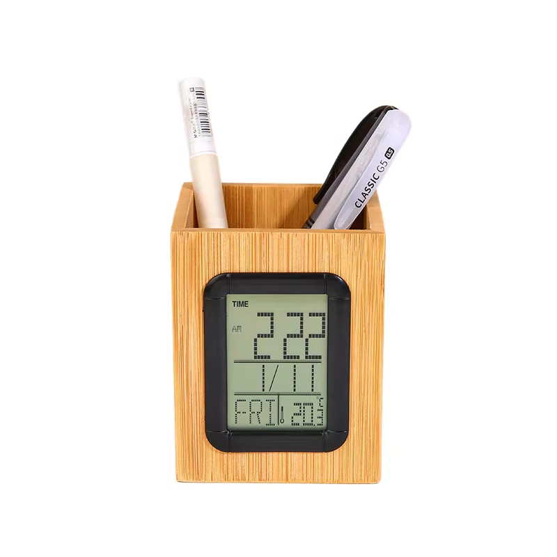 Bamboo Pen Holder Clock custom bamboo pen stand with built in digital display for time date and temperature