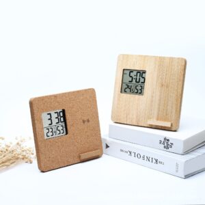 wooden desk clock with digital display for time date and temperature in minimalist design