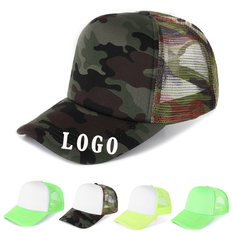 camouflage mesh trucker cap with logo and breathable back panel for outdoor wear