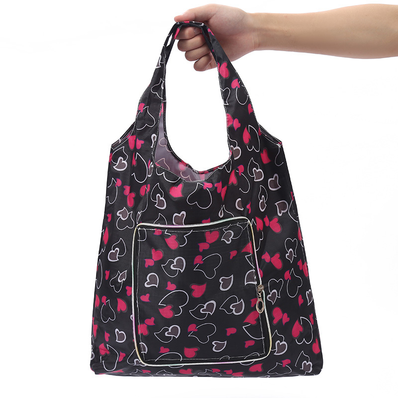 Polyester Foldable Shopping Bag compact foldable tote bag with printed design and front pocket for convenience