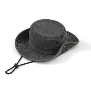 denim boonie hat with chin strap and wide brim for outdoor sun protection