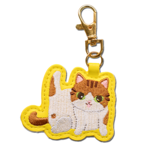 embroidered cat keychain with stitched design and metal hook for bags and keys