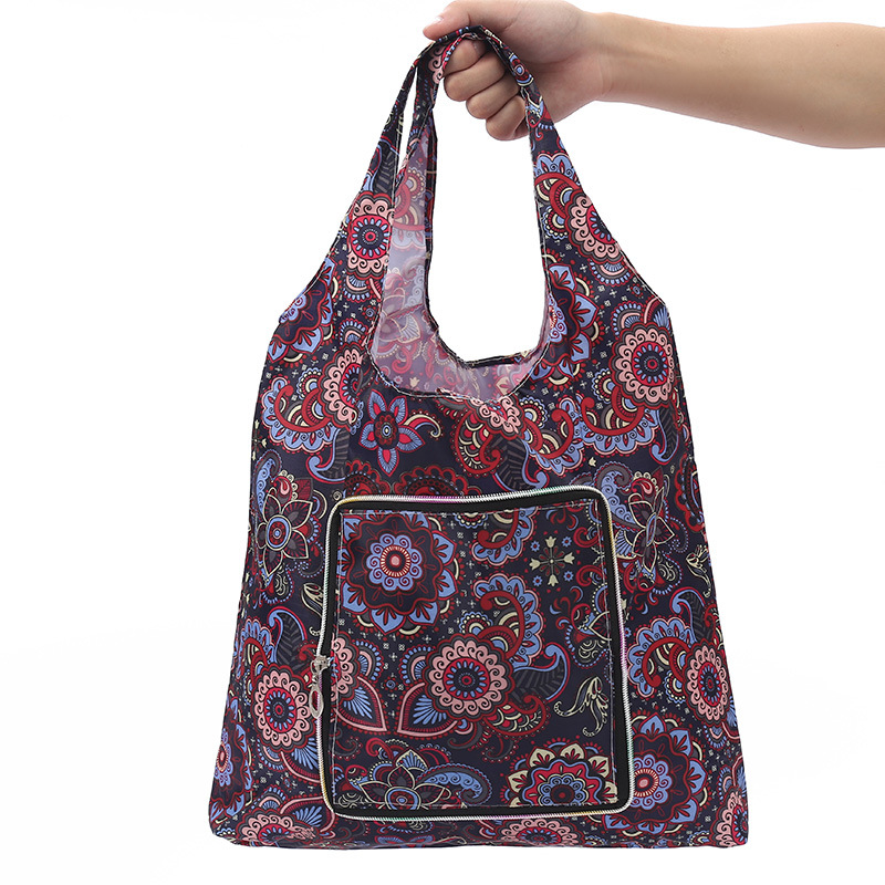 Polyester Foldable Shopping Bag foldable patterned shopping bag with front pocket for reusable daily use