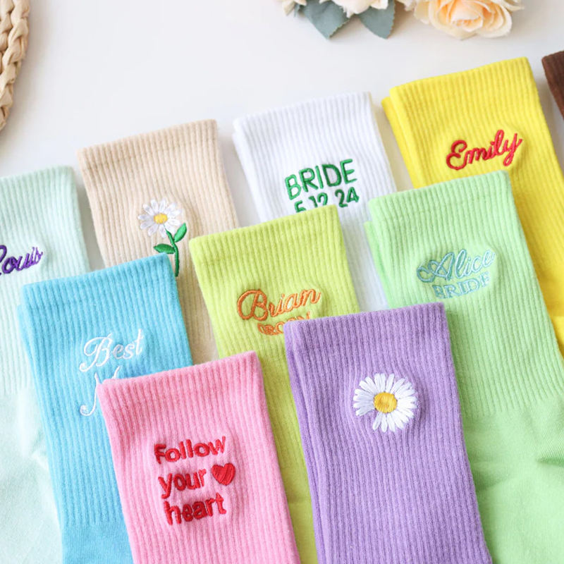 Custom Embroidery Socks Custom name socks in pastel colors with floral embroidery and personalized text designs