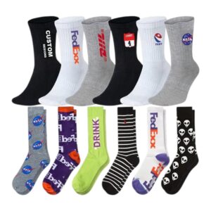 Personalized beige custom socks with woven logo design for corporate gifts and team apparel
