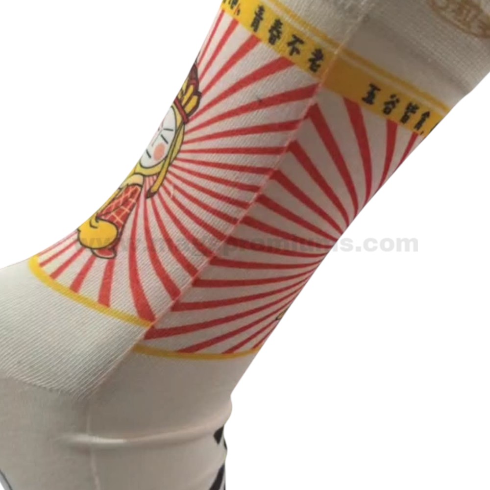 Sublimation Sock Printing Close-up of custom sublimation printed socks showing visible print alignment line near the side seam area of the sock design.