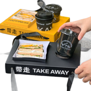 takeaway drink carrier tray with handle for carrying coffee and food securely