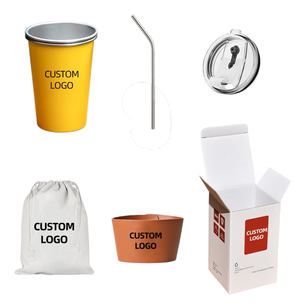 Aluminium Cup Printing Custom aluminum cups with logo printing, lid, straw and gift packaging set