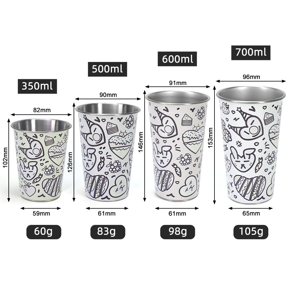 Aluminium Cup Printing Custom aluminum cup size comparison chart showing 350ml, 500ml, 600ml and 700ml options