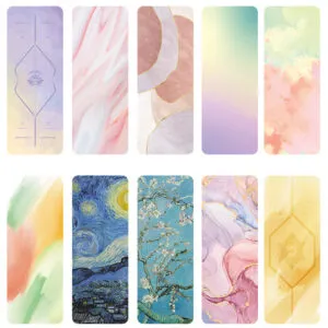 Collection of designer PU yoga mats with vibrant artwork and decorative patterns