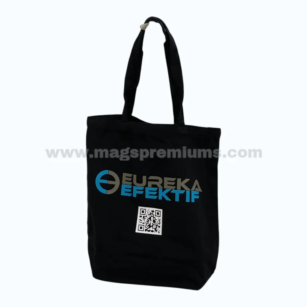 10oz Canvas Tote Bag Black cotton tote bag with custom logo and QR code printing.