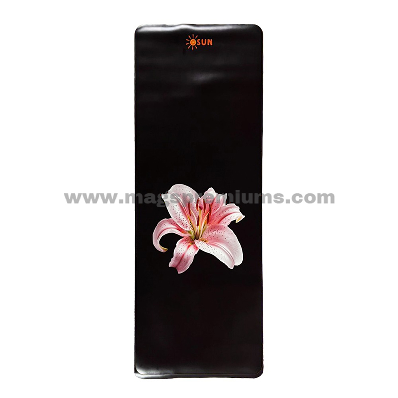 PU Yoga Mat Printing Premium black PU yoga mat featuring vibrant pink lily artwork with full-color printing and anti-slip exercise surface.