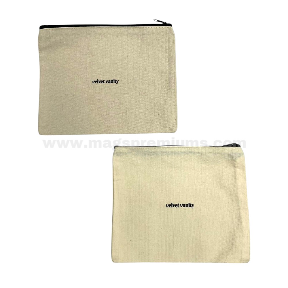 Custom Canvas Zipper Pouch Natural canvas zipper pouch with custom logo printing, perfect for cosmetics, stationery, travel accessories, and promotional gifts.