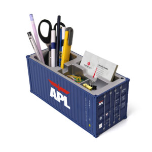 Branded shipping container stationery holder with business card slot and storage compartments for workspace organization.