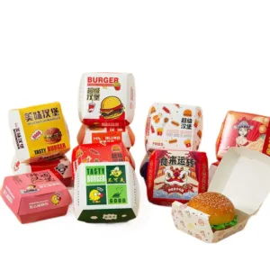 Assorted custom burger boxes with unique branding and full color packaging designs