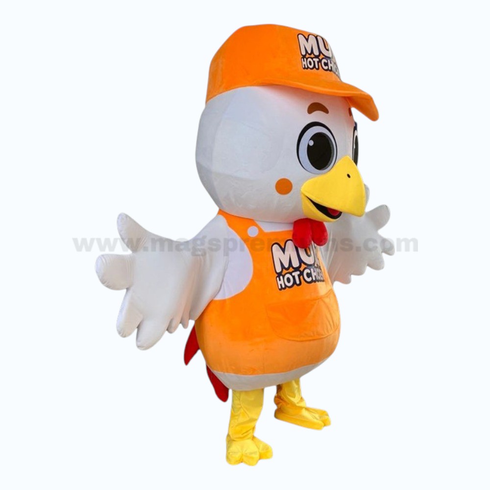 Mascot Costumes Side view of custom chicken mascot costume with branded orange uniform and cap for promotional events.