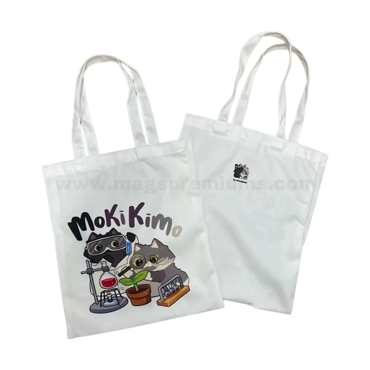 Canvas Bag Printing Malaysia custom canvas tote bag with full color cartoon logo printing and long shoulder handles.