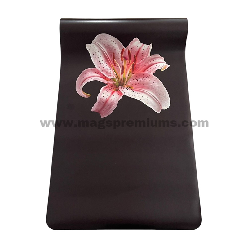 PU Yoga Mat Printing Black PU yoga mat with vibrant pink lily flower print, combining artistic design with durable exercise mat performance.