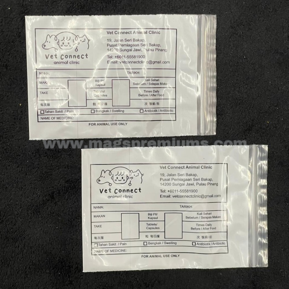 Medicine Ziplock Bag custom zip lock plastic bag printed with veterinary clinic information and branding.