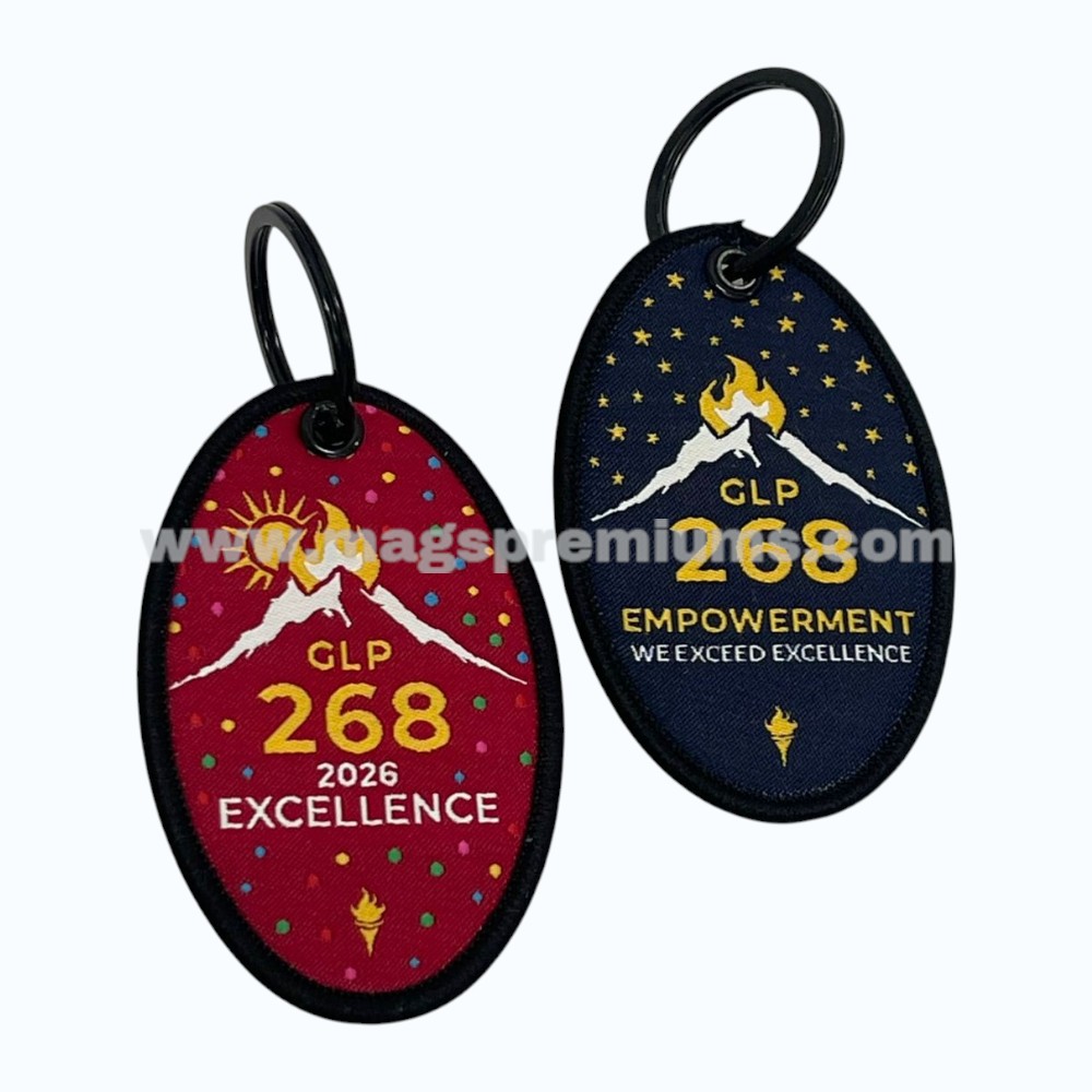 Woven Keychain Oval embroidered keychains with custom logo and woven border finish.