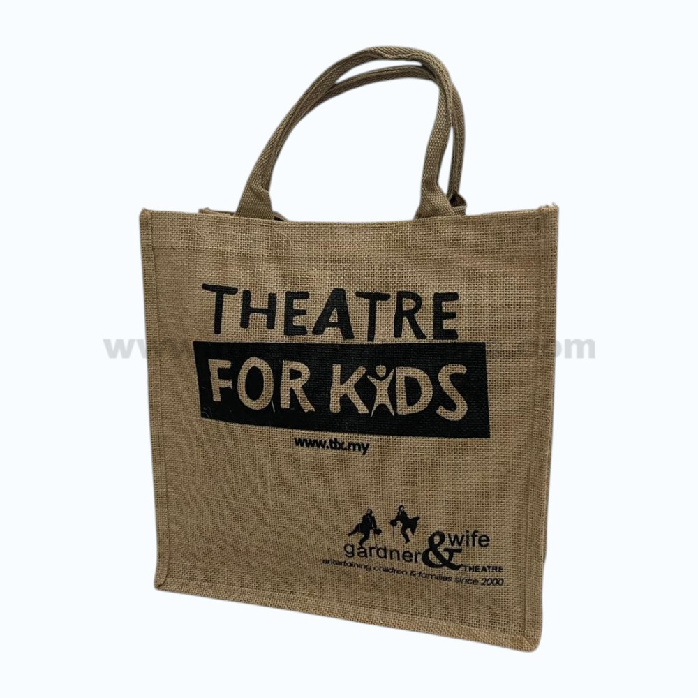 Jute Bag – 35 × 35 × 15 cm laminated jute bag with custom logo printing for promotional events and retail packaging.