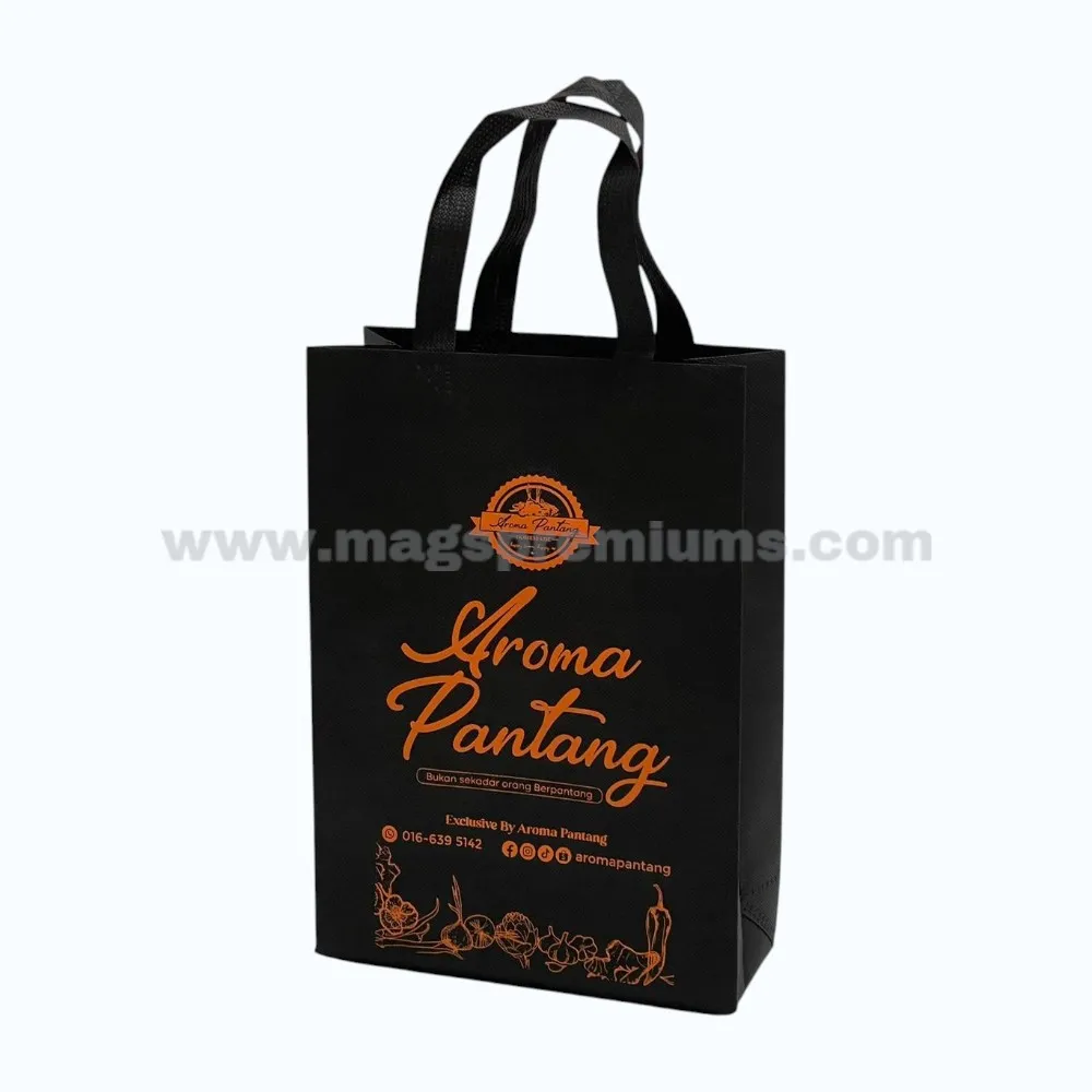 A4 Non Woven Bag - Ultrasonic Black custom non woven tote bag with orange logo printing and reinforced handles.